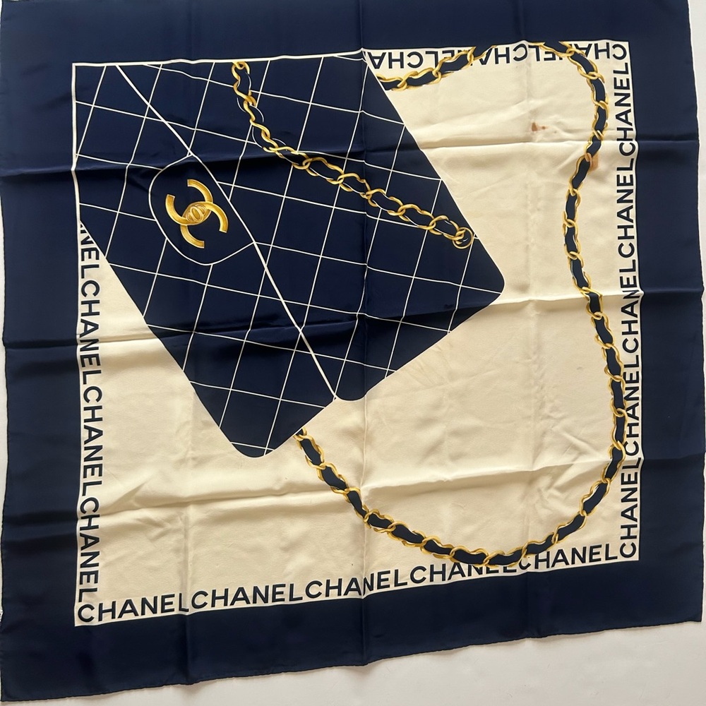 CHANEL Navy & Cream Chain Quilted Bag Print Silk Scarf